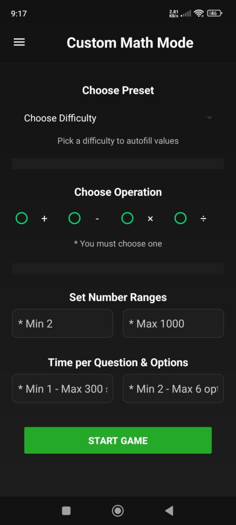 Custom math Selection Page in Mathoria Android app
