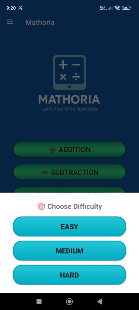 Math difficulty selection screen in Mathoria for general practice